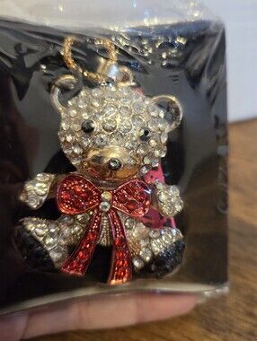 Betsey Johnson Rhinestone Teddy Bear Pendant with Red Bow NWT